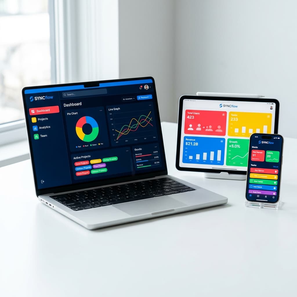 One product running on a laptop, tablet, and phone